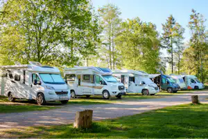 Wohnmobile auf einem Campingplatz entlang eines Weges, mit Rasenfläche und Bäumen im Hintergrund.