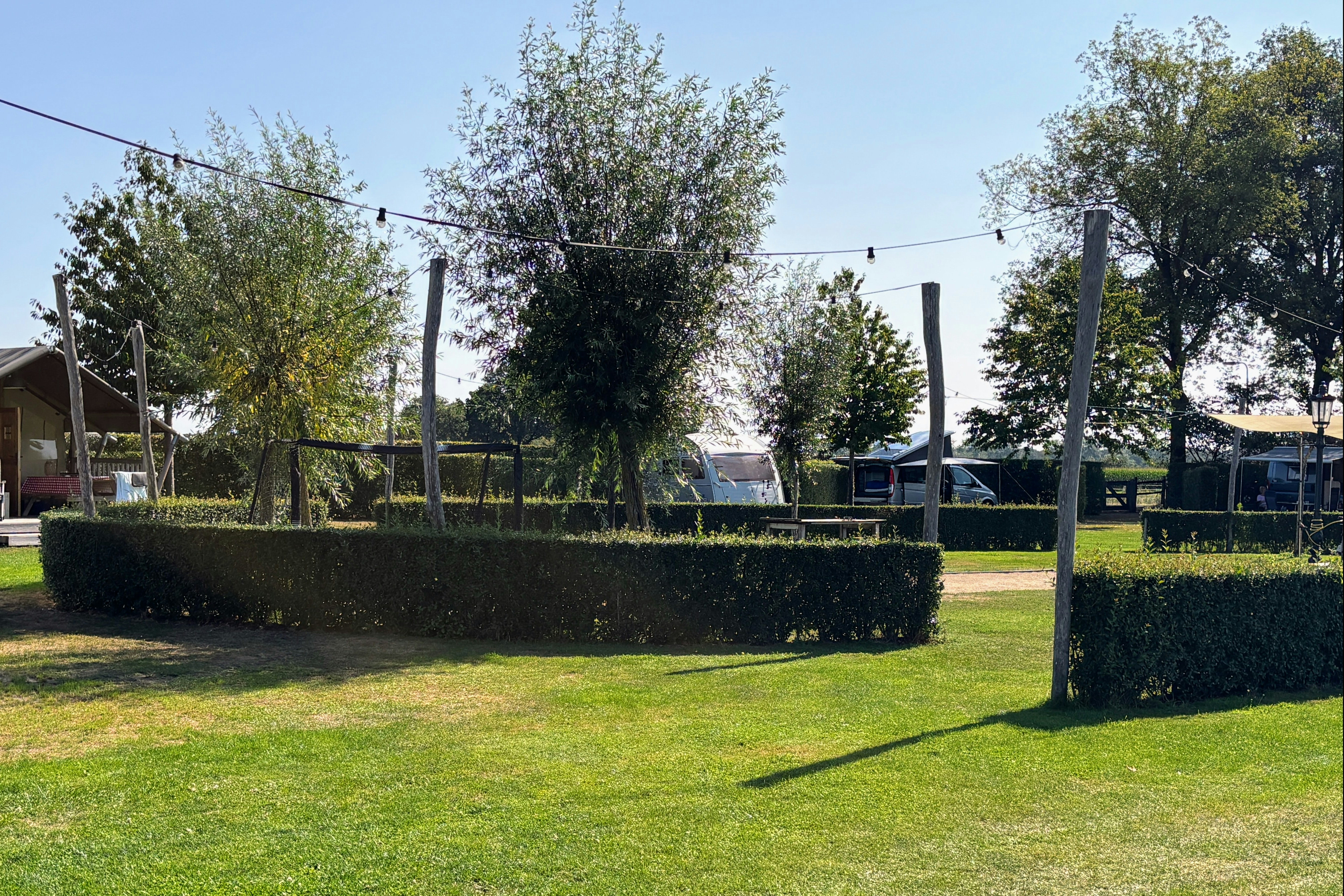 Grüner Rasen und Hecken im Campingbereich, dahinter Zäune und Bäume, im Hintergrund ein Wohnwagen und ein Weg.