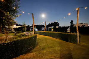 Gepflegter Campingplatz am Abend mit beleuchteten Wäscheleinen, Rasenwegen, Hecken und Sitzbänken zwischen Bäumen.