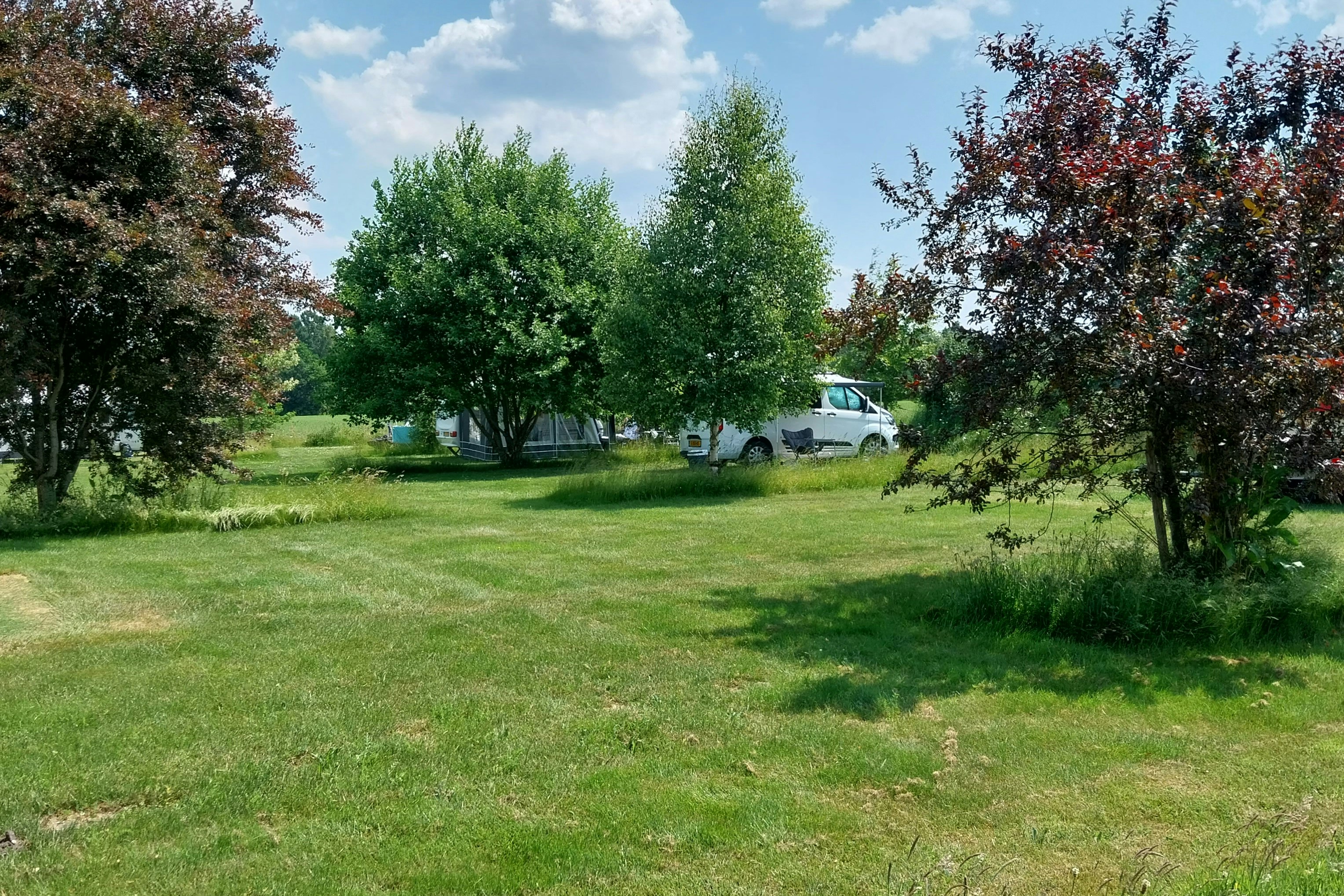 Campingplatz auf der Wiese mit Wohnwagen und weißem Transporter, umgeben von Bäumen und Hecken.
