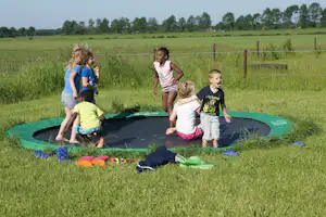 Kinder auf einem grünen Trampolin im Gras, umgeben von Wiese und Zaun, im Hintergrund Felder und Bäume.
