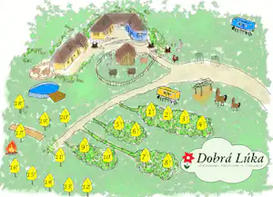 Karte vom Camping Dobra Luka mit Stellplatzen, Wegen, Husern und mehreren Zelt- oder Wohnwagenplatzen im Grun.