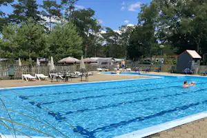 Schwimmbecken auf einem Campingplatz mit Liegen am Beckenrand, Bäumen und kleinen Gebäuden im Hintergrund.