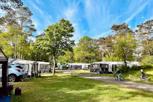 Campingstellplätze mit Wohnwagen und Zelten, dazwischen ein Kiesweg und Rasenfläche, umgeben von Bäumen und blauem Himmel.