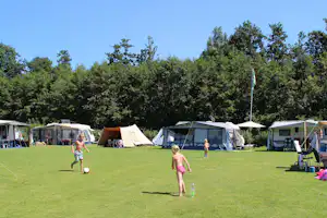 Campingwiese mit Zelten und Wohnwagen, Kinder spielen mit Ball, im Hintergrund Bäume und ein Fahnenmast.