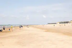 Weitläufiger Sandstrand mit Promenade, Dünen und Strandgästen, im Hintergrund ein langes Gebäude am Ufer.