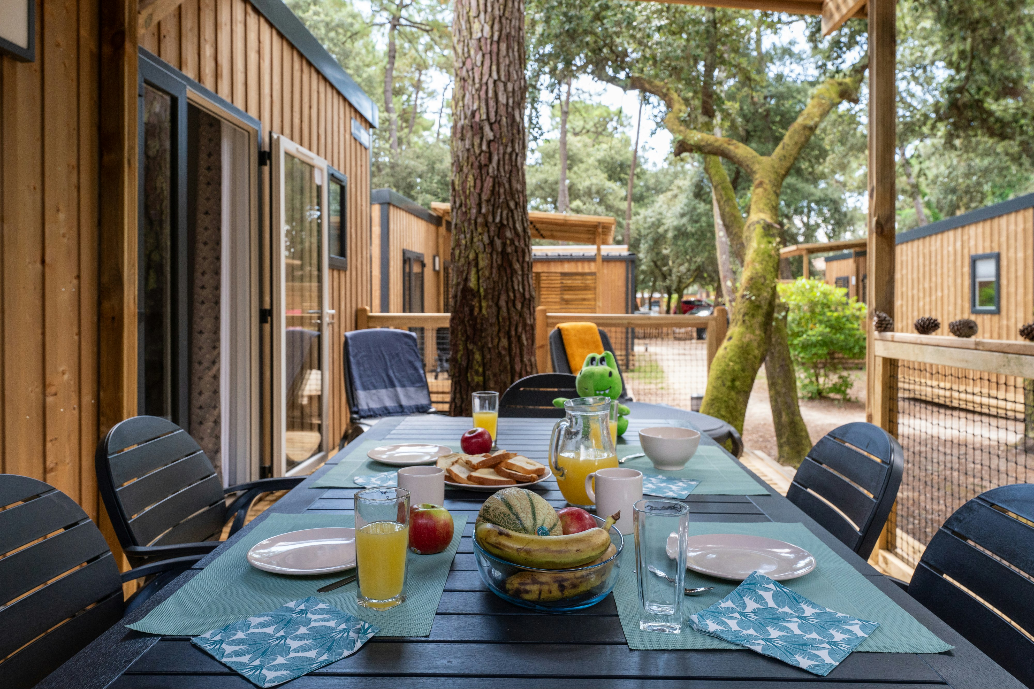 Flower Camping Monplaisir - Ein bedeckter Tisch auf der Terrasse eines Mobilheims