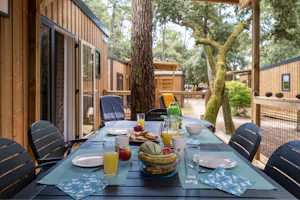 Flower Camping Monplaisir - Ein bedeckter Tisch auf der Terrasse eines Mobilheims