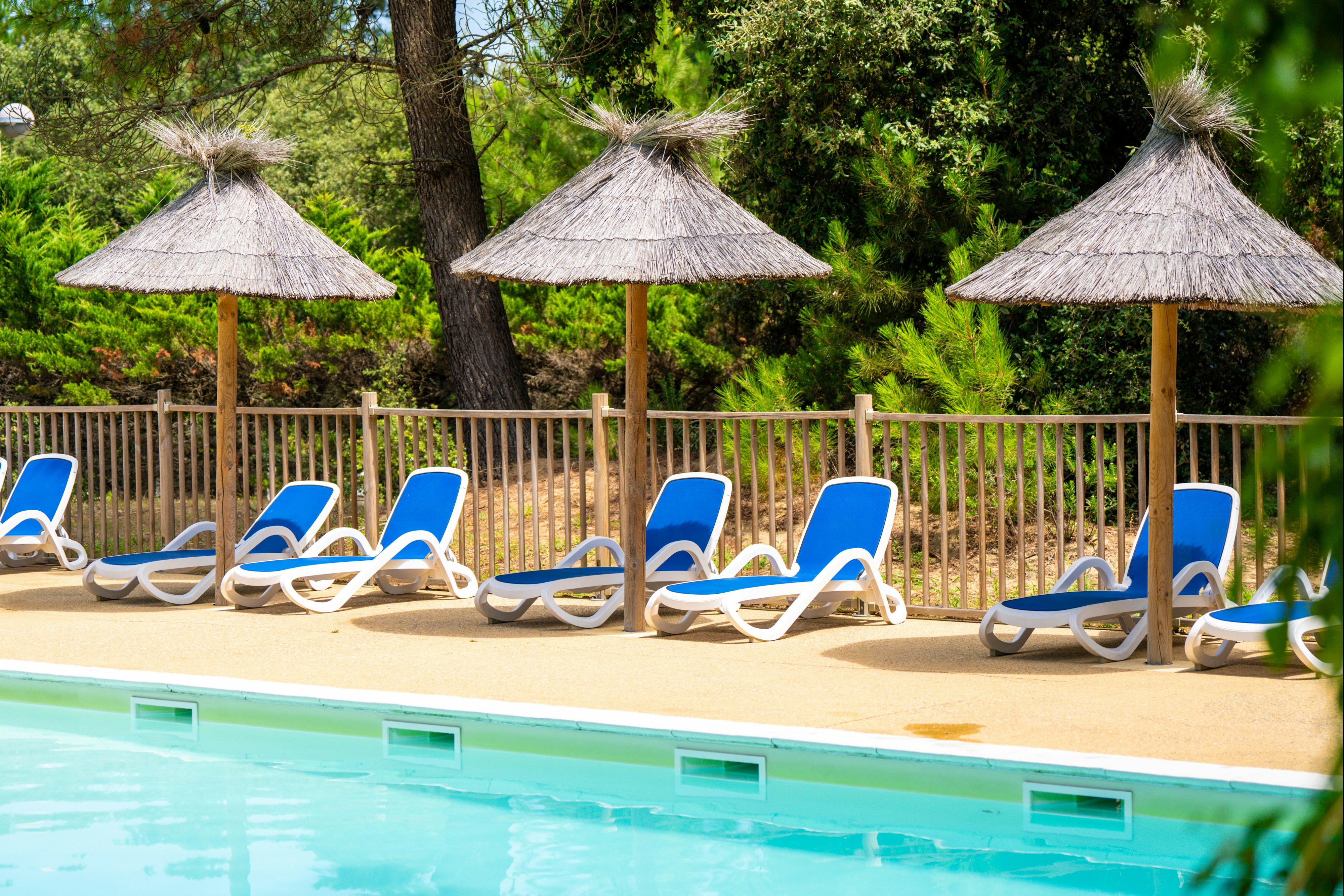 Flower Camping Monplaisir - Pool im Freien mit Liegestühlen und Sonnenschirmen