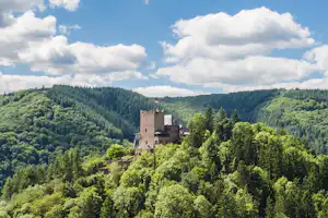 Burganlage im grünen Waldtal, umgeben von Bäumen und Hügeln, mit blauem Himmel und Wolken.