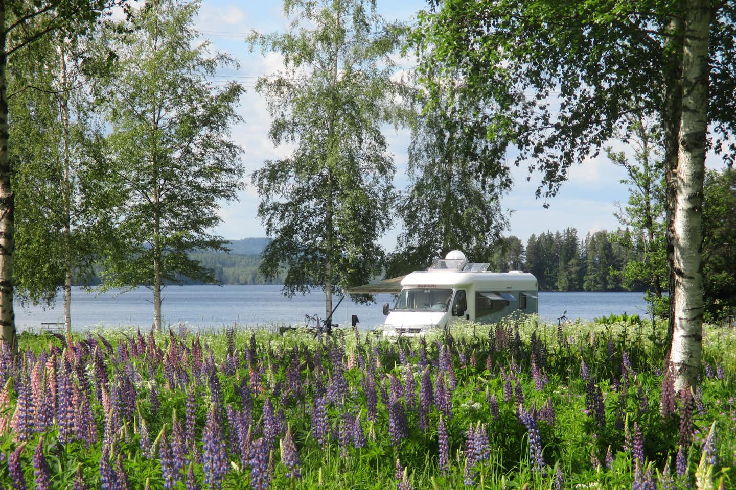 Munkebergs Camping  -  Wohnmobil vom Campingplatz am Ufer vom See Lersjön im Grünen