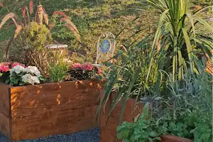 Hochbeete mit Blumen und Kräutern auf einem Campingplatz, dahinter ein Holzgeländer und junge Bäume vor blauem Himmel.