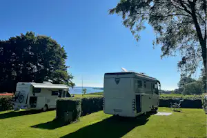 Zwei Wohnmobile auf einem grünen Campingplatz, Hecken und Rasenflächen, im Hintergrund Wiese und Himmel.
