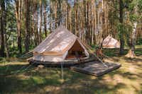 Natur Camp Birstonas - Glampingzelte mit Terrasse und Stühlen im Halbschatten zwischen Bäumen