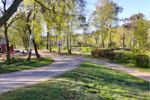 Schotterweg durch einen gepflegten Campingplatz mit Rasenflächen, Büschen und hohen Bäumen, im Hintergrund ein Gebäude.