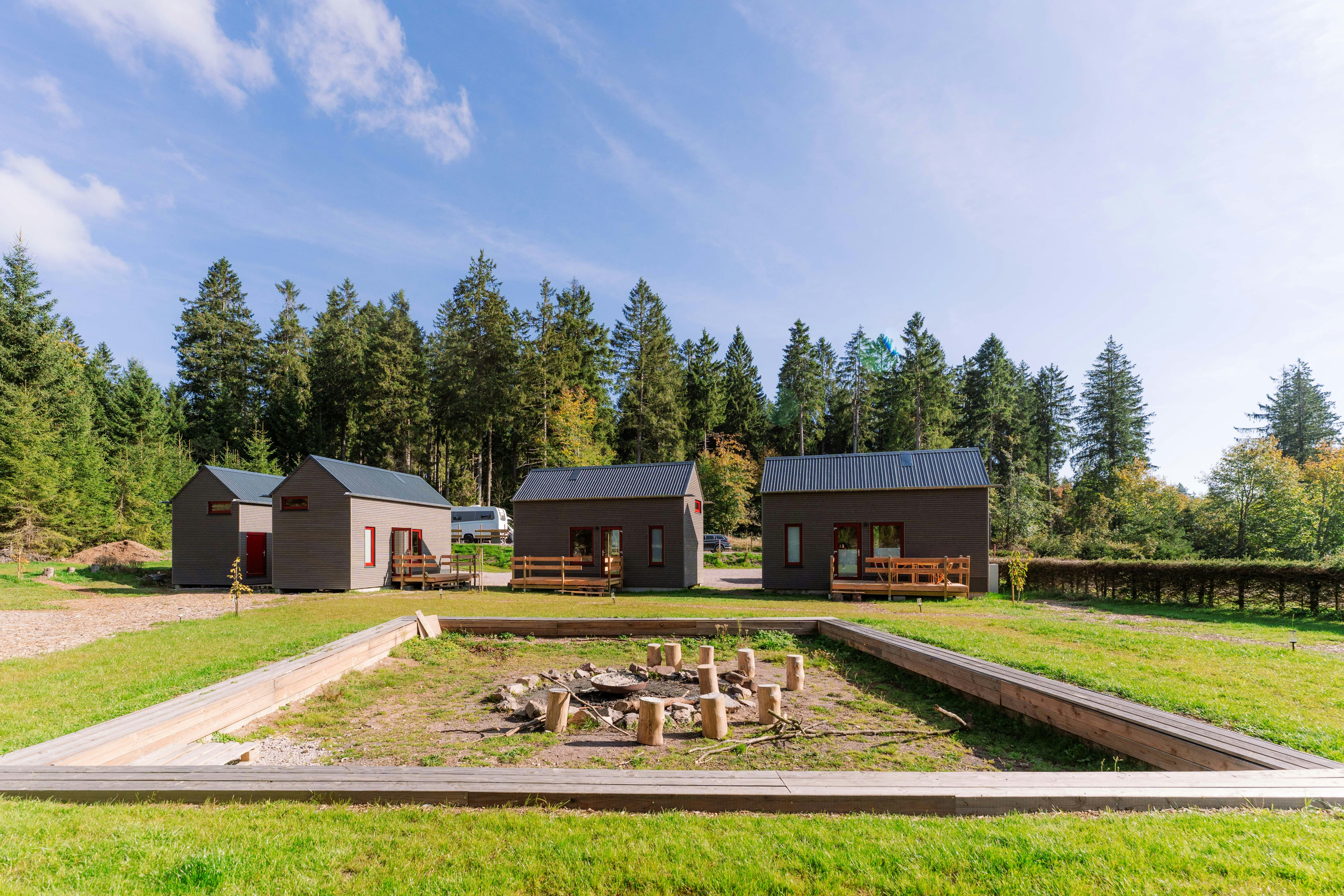 Mehrere Campinghäuser mit Holzterrassen und Wegen, umgeben von hohen Bäumen im grünen Waldgebiet.