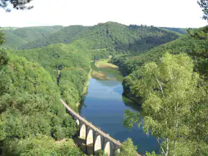 Fluss im Tal mit grünen Hügeln und Wald, darüber eine Steinbrücke über das Wasser.