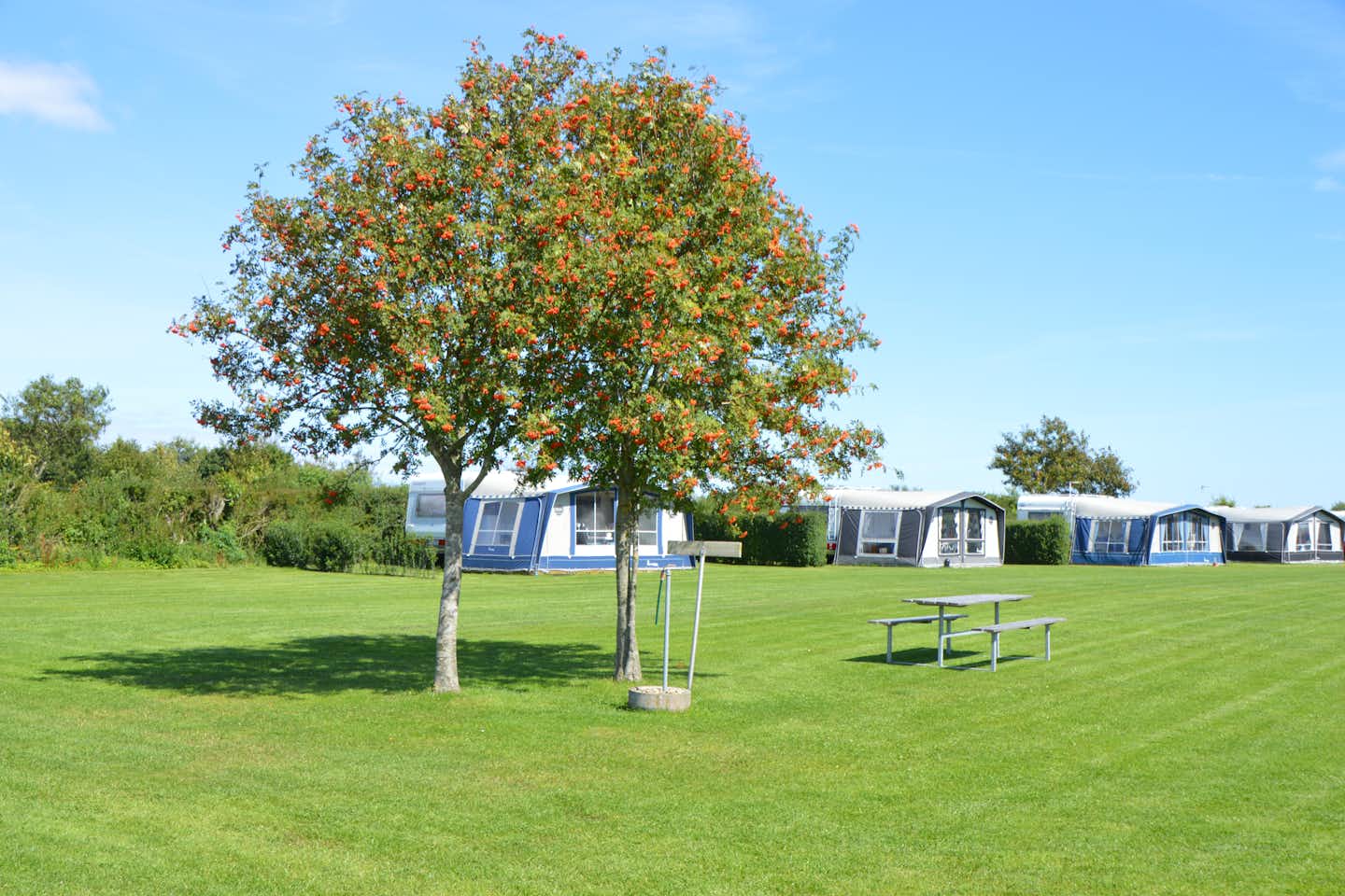 NFJ Naturistcamping  -  Wohnwagen- und Zeltstellplatz auf grüner Wiese auf dem Campingplatz