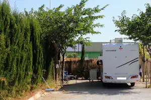 Wohnmobil auf Stellplatz zwischen Hecken und Bäumen, mit Schotterweg und Zaun im Hintergrund.