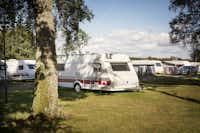 Nordic Camping Tylösand - Blick auf Wohnwagenstellplatz im Grünen auf dem Campingplatz