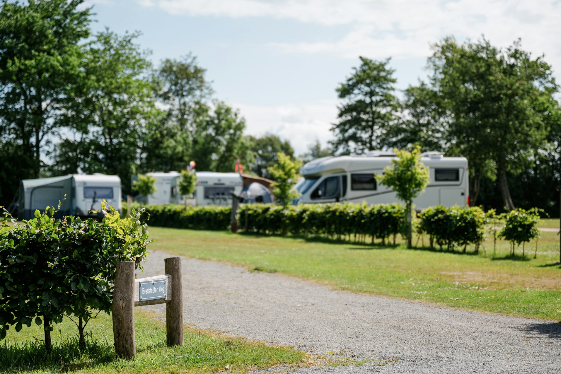 Reihe von Wohnmobilen auf einem Campingplatz, gepflasterter Weg und Hecken, im Hintergrund Bäume und ein grüner Rasen.