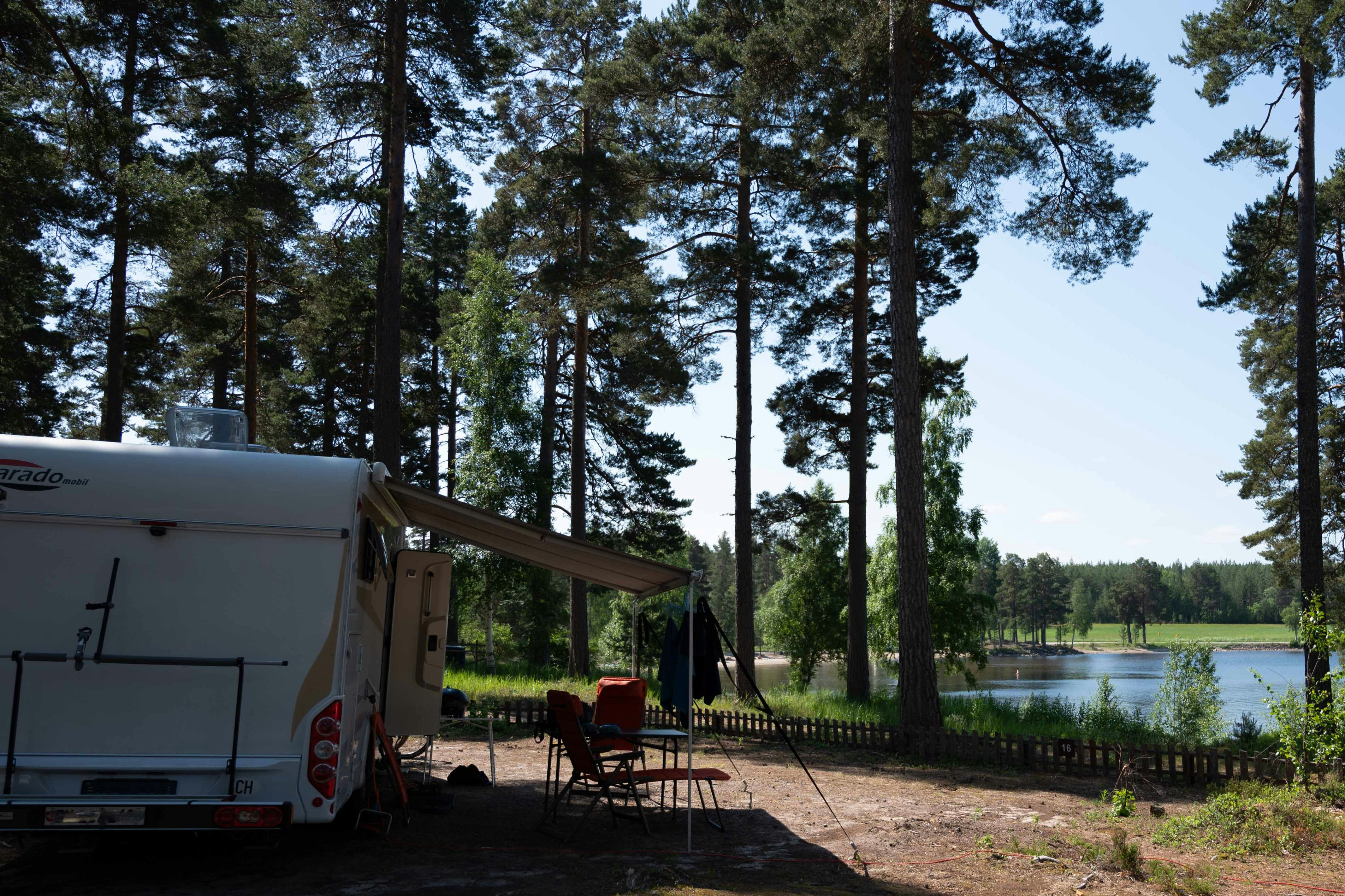 Norra Dellen Familjecamping - Standplätze zwischen den Bäumen auf dem Campingplatz