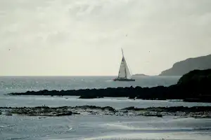 Ein Segelboot auf dem Meer vor einer felsigen Küste mit grünen Hügeln und Vögeln am Himmel.