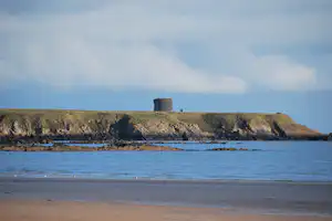 Leuchtturm auf einer Klippe über dem Küstenstrand, im Vordergrund Wasser und Sand, dahinter grüne Hügel und Himmel.