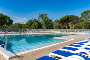 Großes Camping-Schwimmbecken mit blau-weißen Liegen am Beckenrand, dahinter Bäume und ein heller Terrassenbereich.