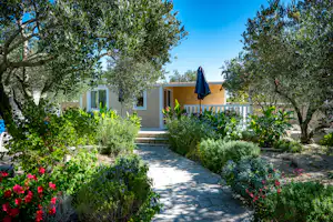 Gartenweg zwischen Sträuchern und Blumen zum Ferienhaus mit Terrasse, Sonnenschirm und Fenstern im Hintergrund.