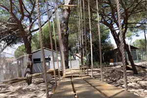 Seilbrücke mit Holzplanken zwischen hohen Bäumen im Campingbereich, im Hintergrund Zäune und ein Weg.