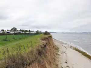 Blick auf einen Campingplatz am Strand mit eingezäuntem Grünstreifen, Sandstrand und ruhigem Wasser am Horizont.