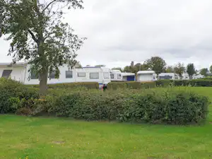 Reihe von Wohnwagen auf einem Campingplatz hinter einer Hecke, mit Rasen und Bäumen im Hintergrund.