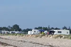 Wohnmobile und Campingbusse auf einem Kiesplatz, dahinter Zelte und weitere Fahrzeuge, am Rand niedrige Steine und Bäume.