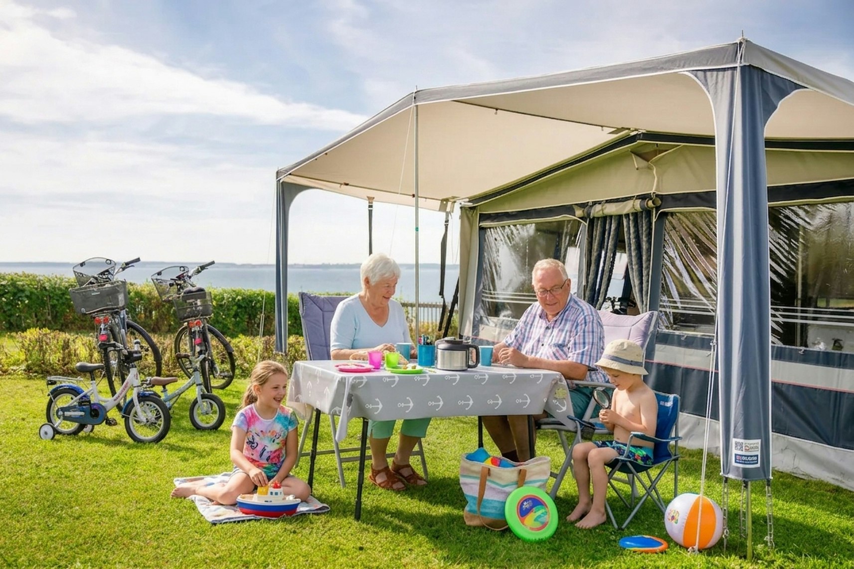 Campingzelt mit Vorzelt auf einer Wiese, Familie sitzt am Tisch, daneben Spielzeug und Fahrräder.