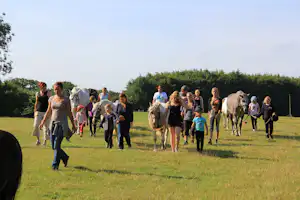 Familie mit Kindern führt mehrere Pferde über eine Wiese, im Hintergrund Bäume und ein offener Himmel.