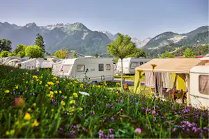 Panorama Camping Sonnenberg - Blick auf die Standplatzwiese mit Bergen im Hintergrund