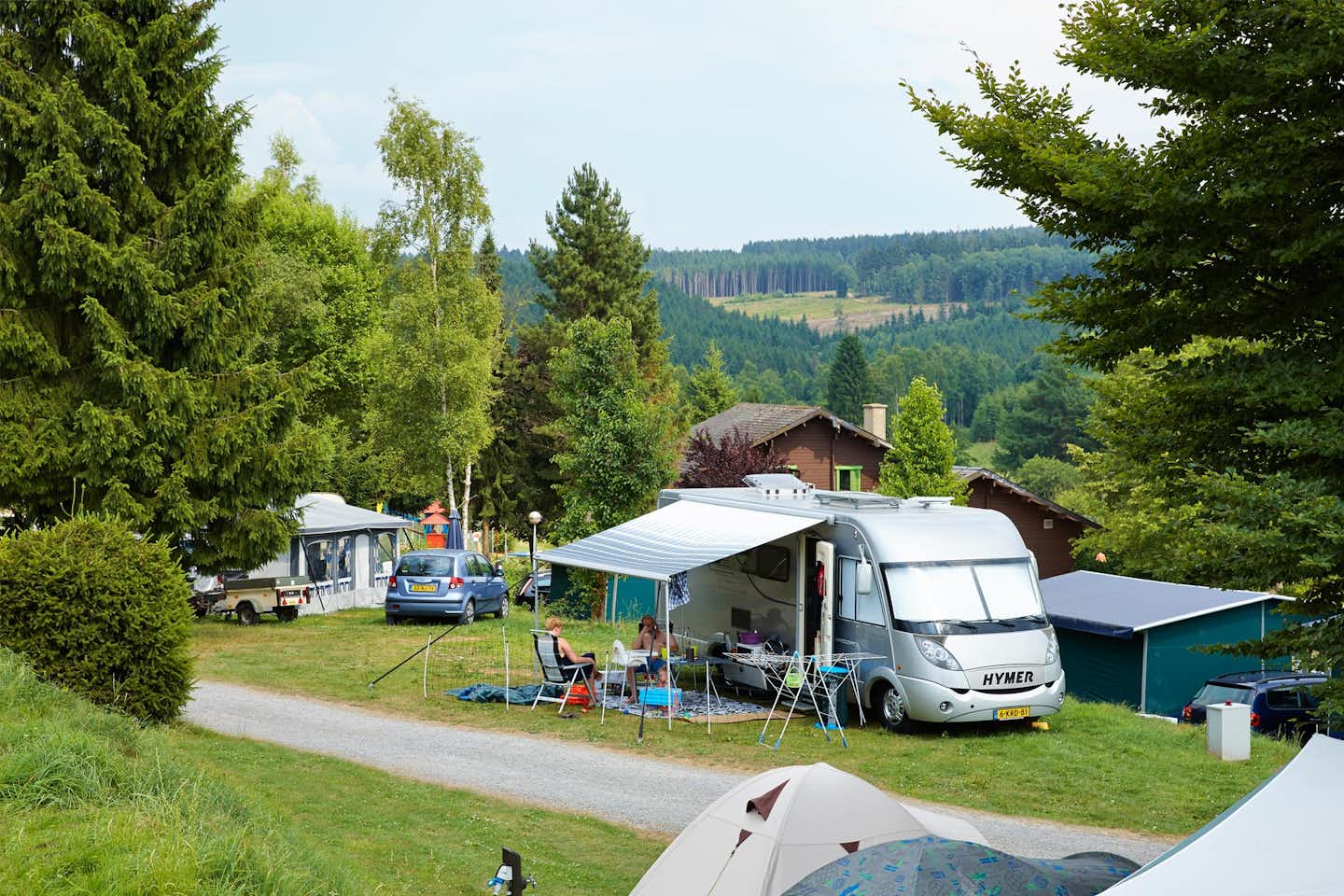 Von Bäumen umringte Wohnwagen- und Wohnmobilstellplätze auf der Wiese des Campingplatzes Panoramacamping Petite Suisse