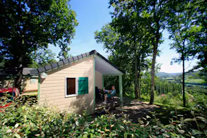 Bungalow am Waldrand mit Terrasse, Markise und Sitzbereich; im Vordergrund Büsche und Bäume.