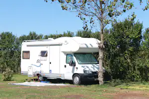 Wohnmobil mit Aufstelldach und Markise am Stellplatz, neben einem Baum und Hecken im Campinggelände.