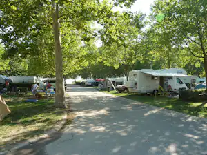 Campingplatz-Allee mit Wohnwagen und Vorzelten, Sitzgelegenheiten am Stellplatz und Bäumen im Schatten.