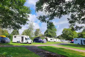 Wohnmobile und Campingbusse auf einer Wiese, umgeben von Bäumen, mit Stellplätzen und Zufahrtsweg im Hintergrund.