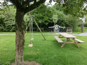 Grüne Campinganlage mit großer Eiche, Schaukel und Holzbank, im Hintergrund kleine Unterkünfte und Hecken im Garten.