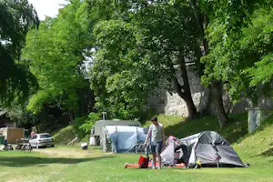Campingzelt und weitere Zelte auf einer Wiese unter großen Bäumen, daneben ein Auto und ein Mann am Stellplatz.