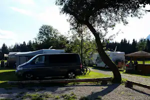 Wohnmobil auf einem Stellplatz auf grünem Rasen, mit Baum im Vordergrund und weiteren Fahrzeugen am Rand.