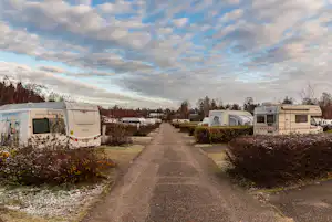 Wohnmobile auf einem Campingplatz entlang eines schmalen Weges, umgeben von Büschen und Bäumen.