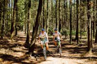 RCN Camping De Jagerstee - fahrradfahrende Camper auf Mountainbikes in einem Waldstück