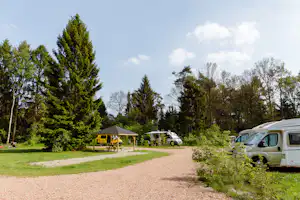 RCN Camping De Roggeberg - Wohnwagenstellplatz und Wohnmobilstellplatz vom Campingplatz zwischen Bäumen und einem überdachten Picknicktisch