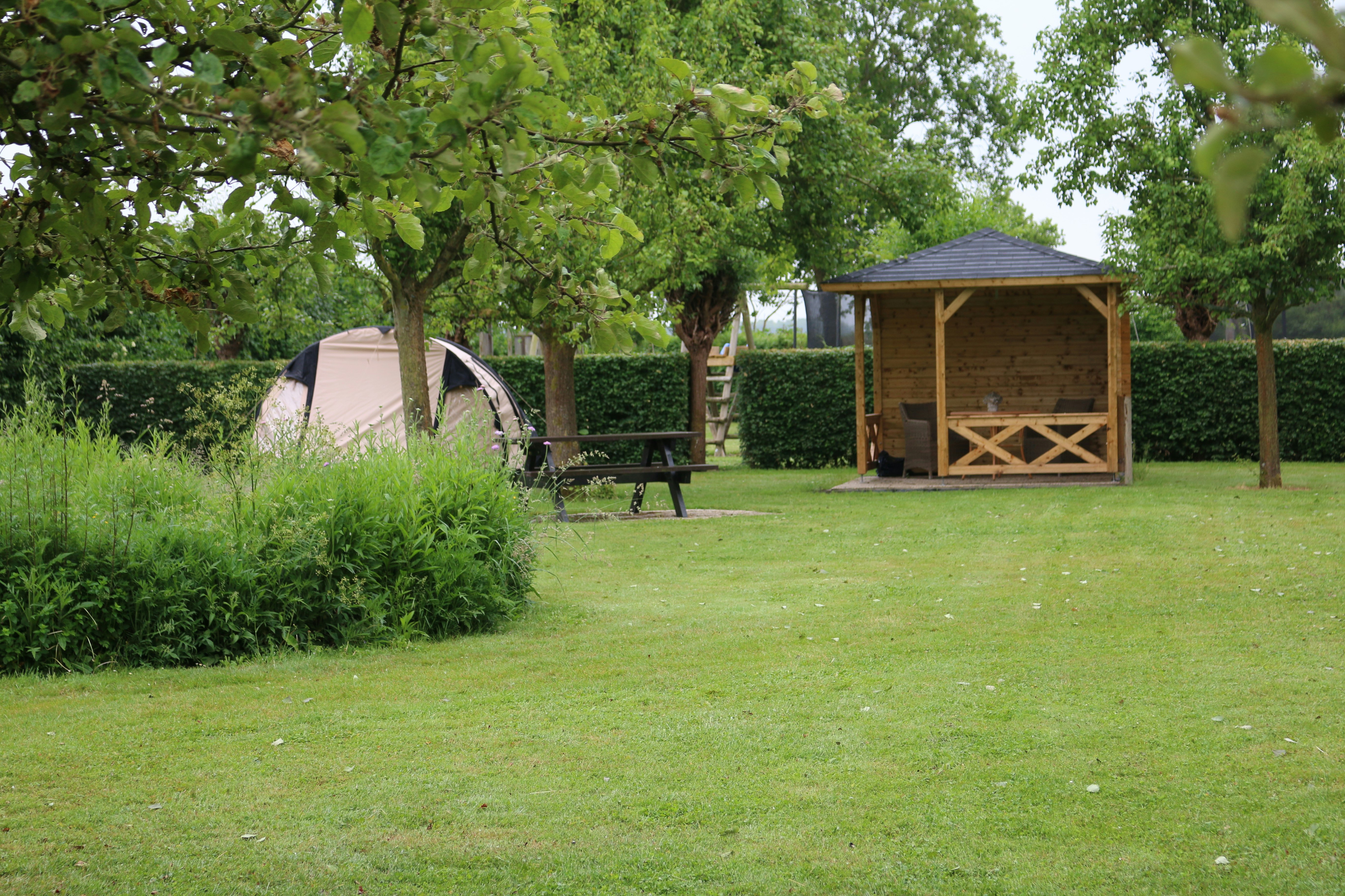 Stellplatz mit Wohnwagen und Holzunterstand, Tisch und Bank auf der Wiese, umgeben von Bäumen und Hecke.