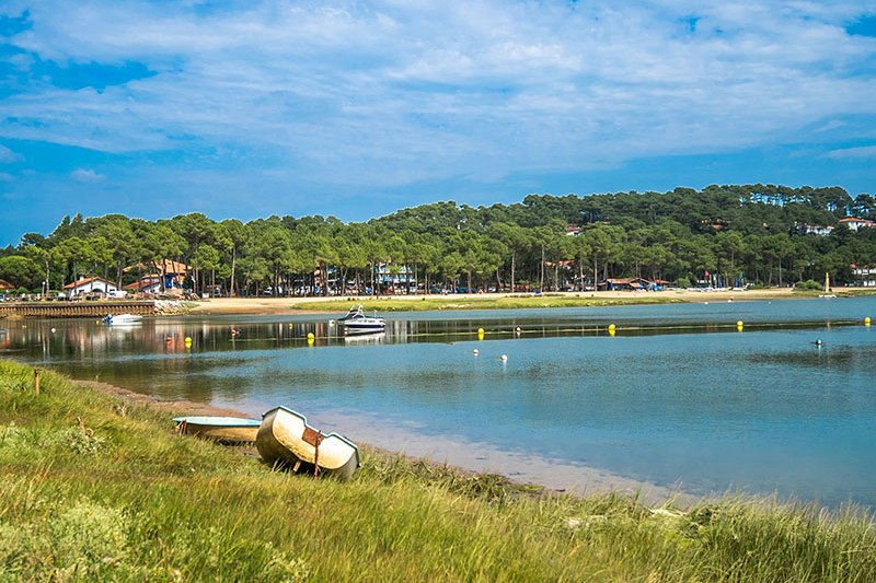 Ufer am See mit Gras, einem kleinen Boot am Strand und einer Reihe Bäume entlang des Wassers.